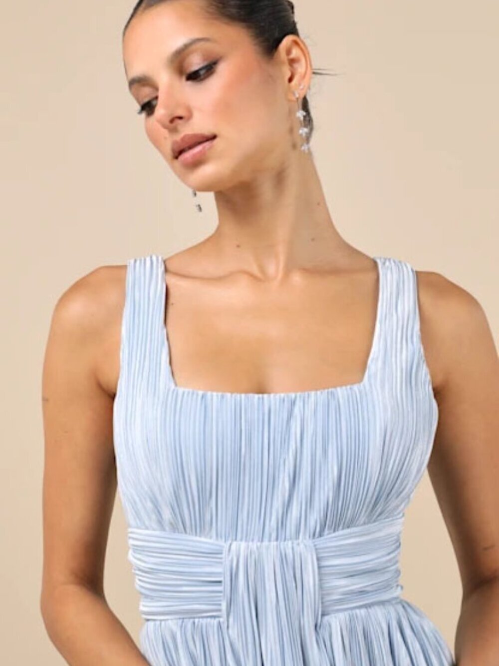 NWT Ameena Light Blue Plisse Square Neck Sash Maxi Dress - Picture 3 of 10